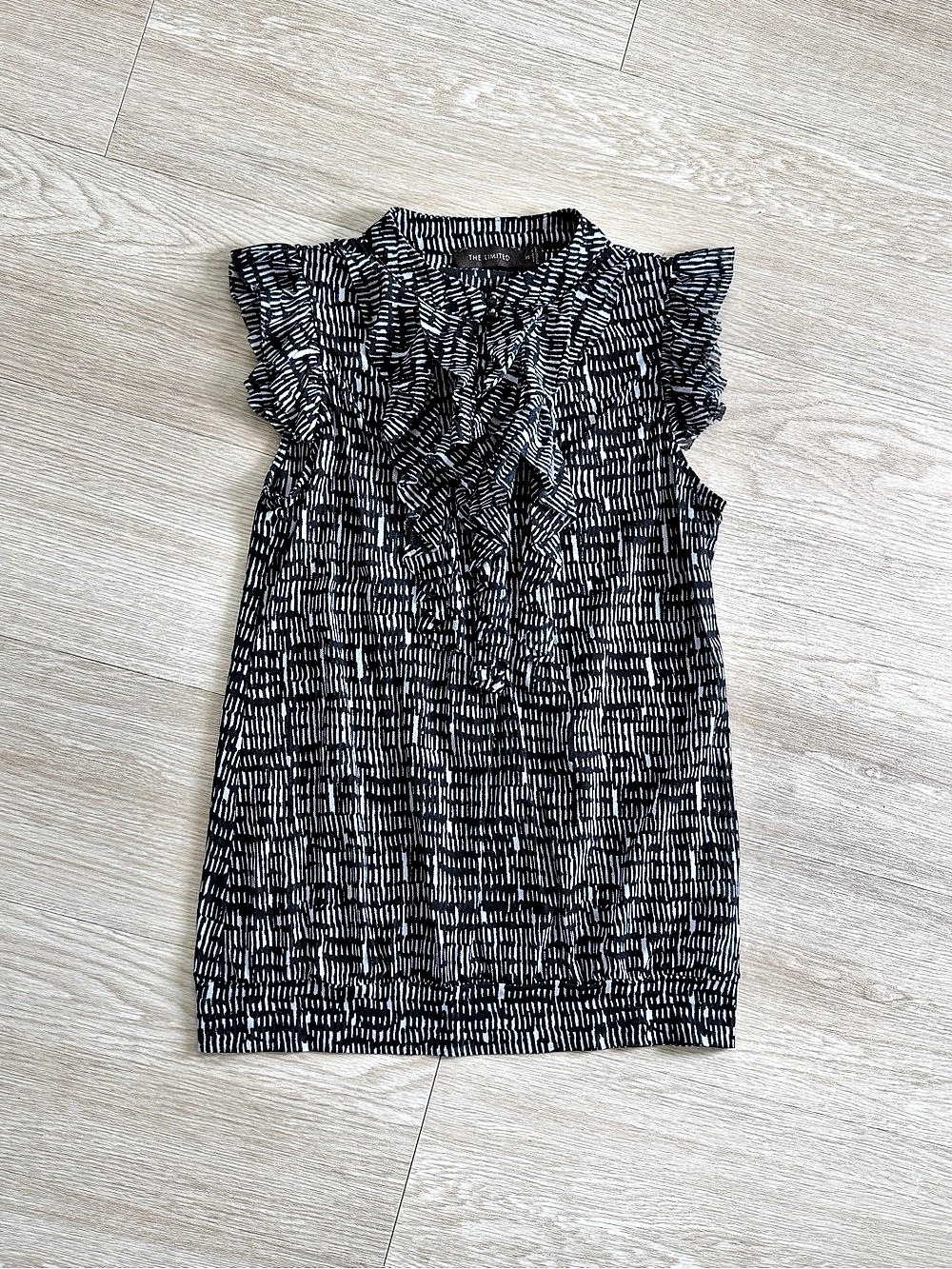 The Limited womens XS Ruffle front Button Neck Blouse Black & White Mesh Top